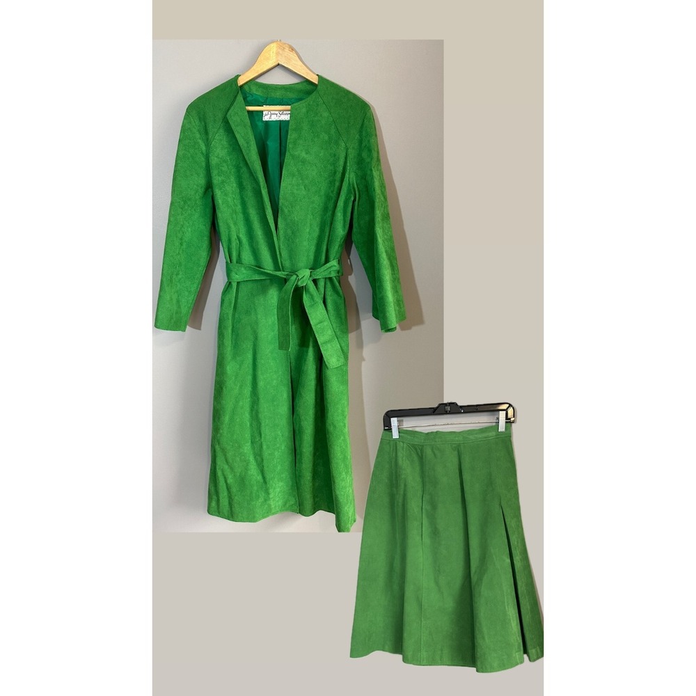 Vtg Shannon Rodgers for Jerry‎ Silverman S/M Green Suede Jacket Trench Skirt Set